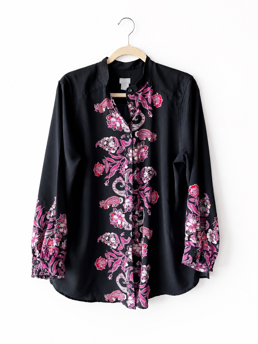 Chico's Black Button-Front Blouse with Pink Floral Paisley Design